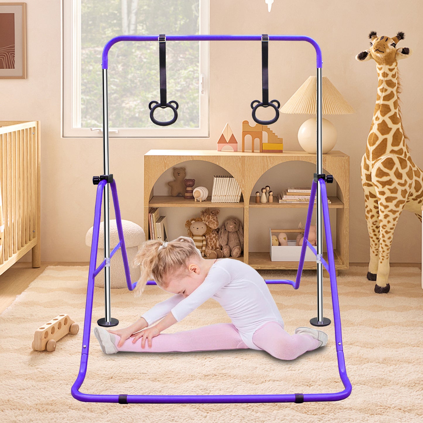 Purple Multi-Functional Adjustable Height Children's Horizontal Gymnastic Bar With Bear Rings
