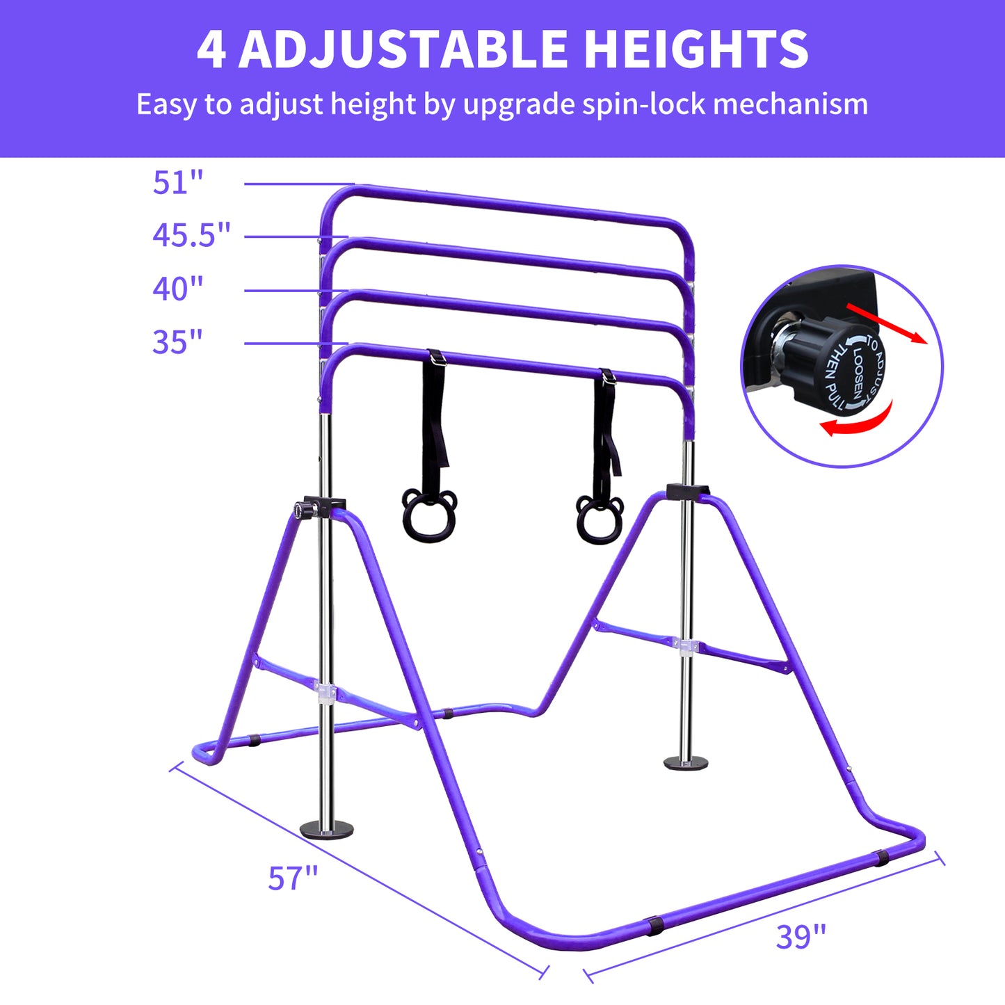 Purple Multi-Functional Adjustable Height Children's Horizontal Gymnastic Bar With Bear Rings