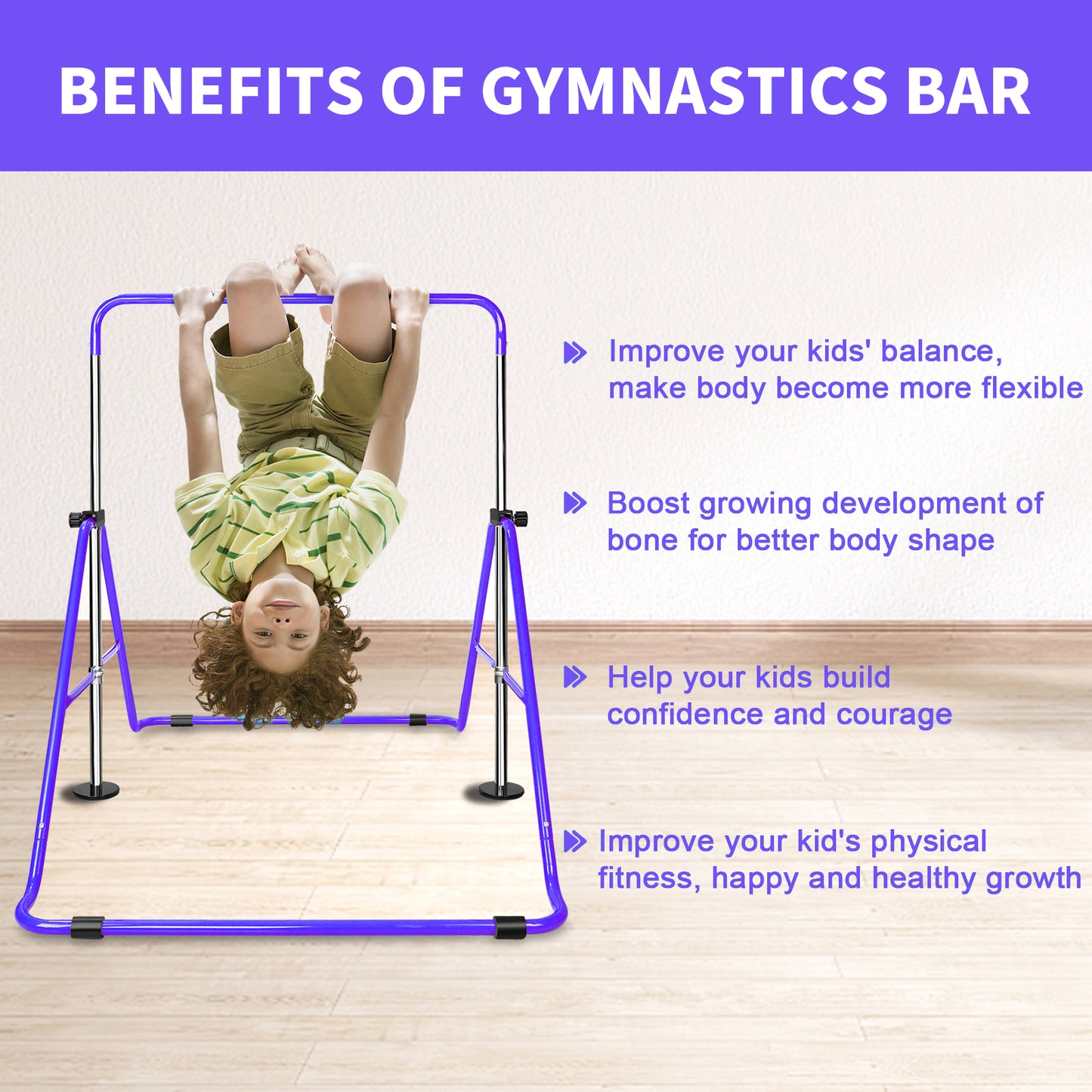 Purple Multi-Functional Adjustable Height Children's Horizontal Gymnastic Bar With Bear Rings