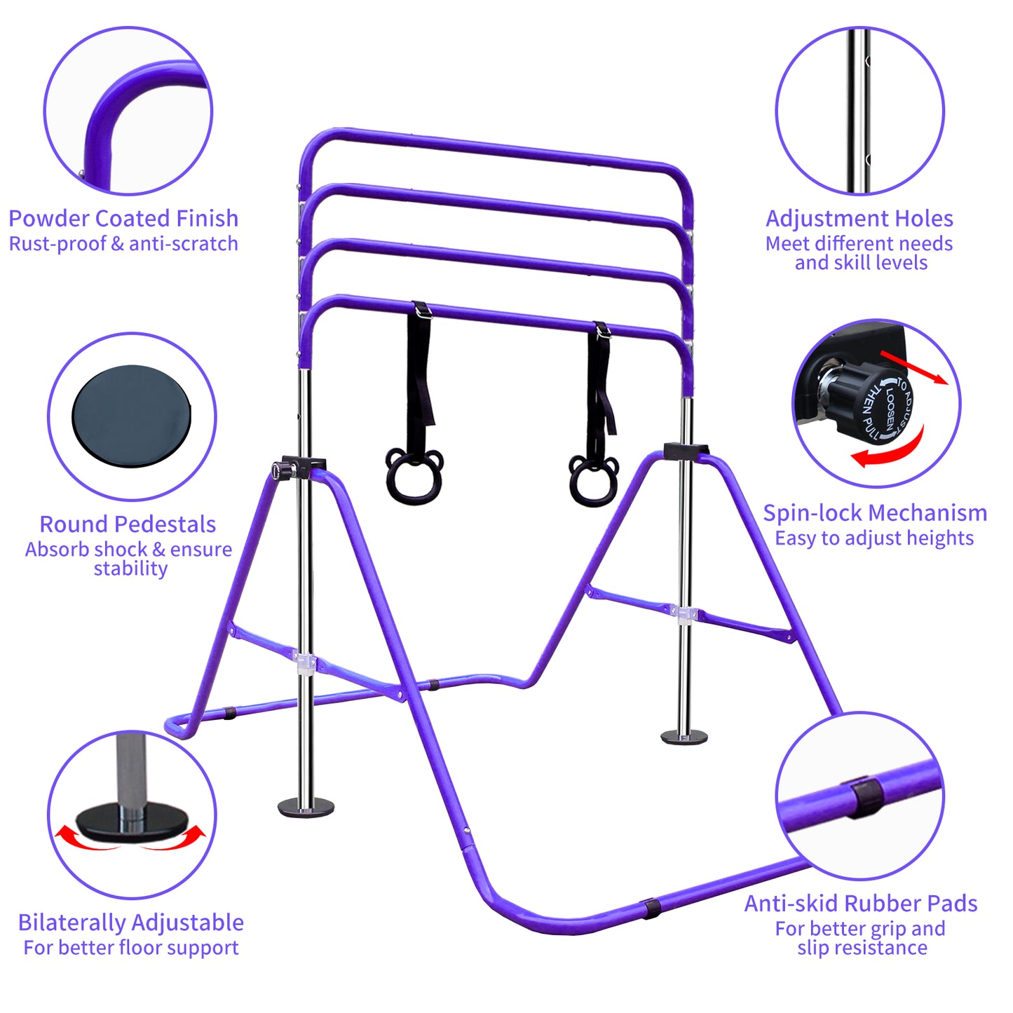 Purple Multi-Functional Adjustable Height Children's Horizontal Gymnastic Bar With Bear Rings