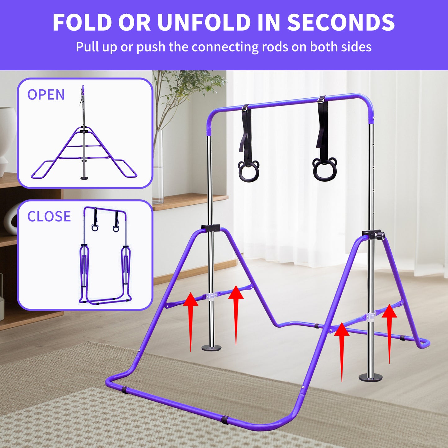Purple Multi-Functional Adjustable Height Children's Horizontal Gymnastic Bar With Bear Rings
