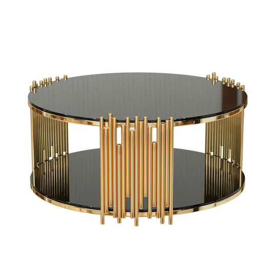 Modern minimalist light luxury style stainless steel circular coffee table, black tempered glass countertop, living room coffee table