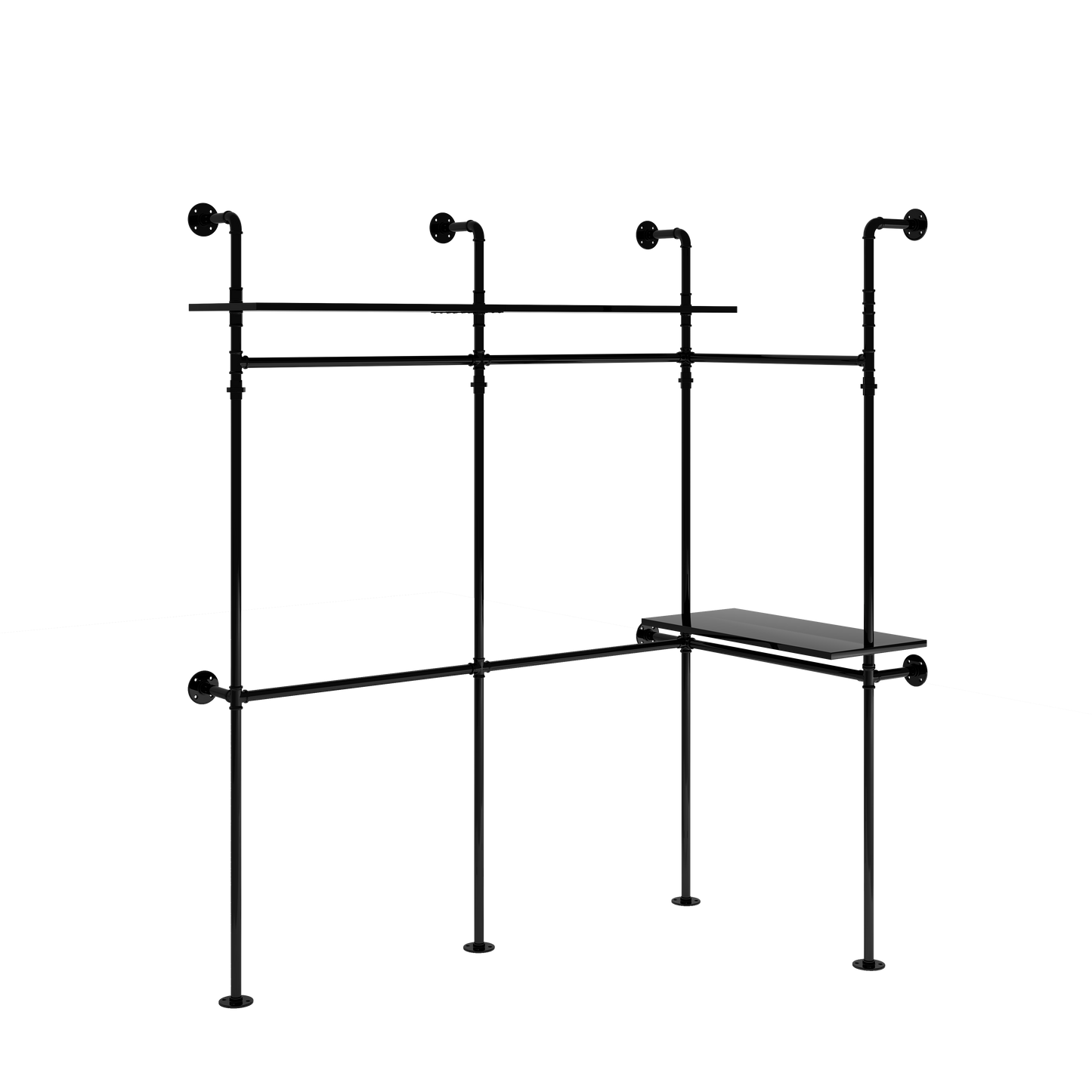Industrial Pipe Clothing Rack, Reversible 118.3'' Clothes Rack for Hanging Clothes, Heavy Duty Garment Rack Closet Wardrobe Rack with LED Lights & Shelves, Walk-in Closet System, Black (Three)