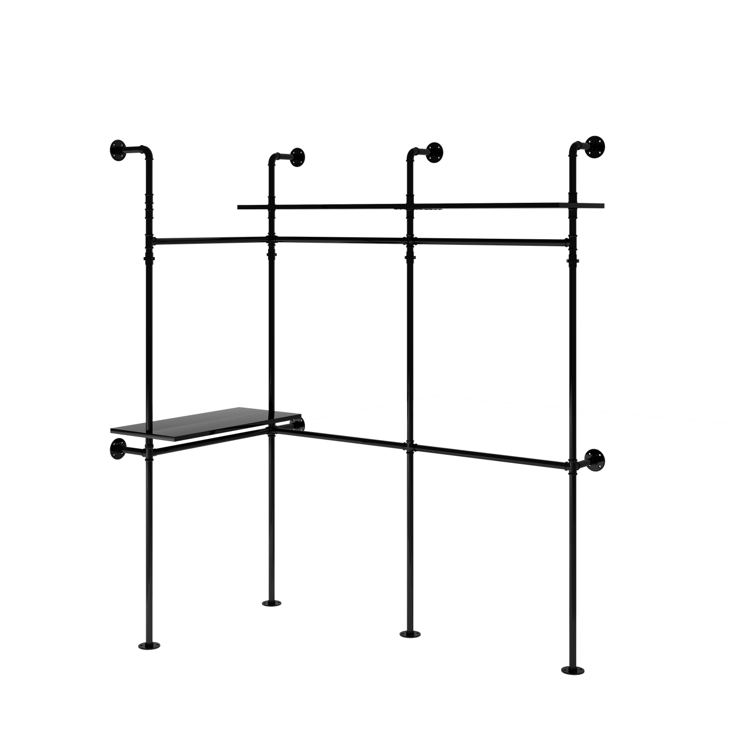 Industrial Pipe Clothing Rack, Reversible 118.3'' Clothes Rack for Hanging Clothes, Heavy Duty Garment Rack Closet Wardrobe Rack with LED Lights & Shelves, Walk-in Closet System, Black (Three)