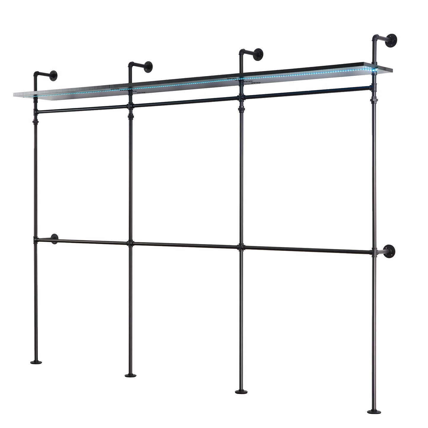 Industrial Pipe Clothing Rack, Reversible 118.3'' Clothes Rack for Hanging Clothes, Heavy Duty Garment Rack Closet Wardrobe Rack with LED Lights & Shelves, Walk-in Closet System, Black (Three)