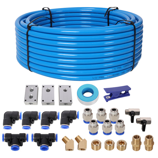 Air Push to Connect Kit: Complete 1/2" (OD) / 3/8" (ID) x 100-Feet TPEE Tubing Air Piping System,Blue Tubing