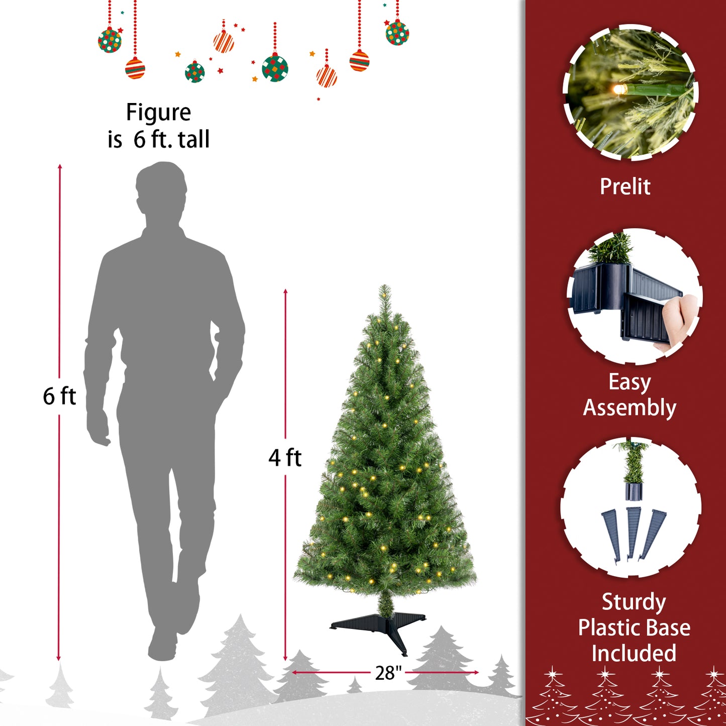 4ft Artificial Christmas Tree Prelit with Stand,100 Warm White LED Lights,Realistic 241 Branch Tips PVC Green Norwood Spruce Tree Easy Assembly for Indoor,Home
