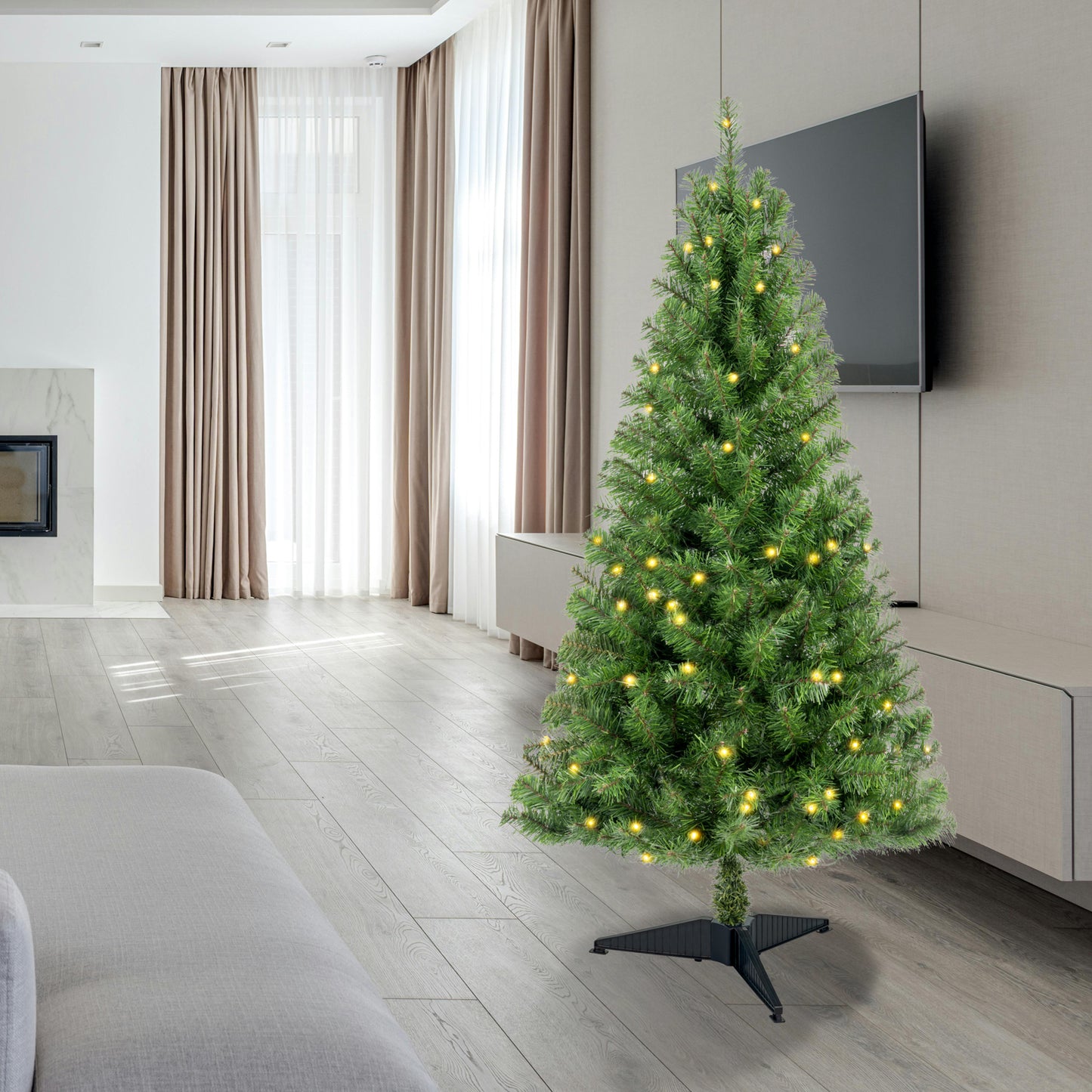 4ft Artificial Christmas Tree Prelit with Stand,100 Warm White LED Lights,Realistic 241 Branch Tips PVC Green Norwood Spruce Tree Easy Assembly for Indoor,Home