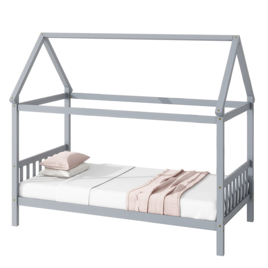 Twin House Bed with Headboard and Footboard, Twin Rubber Wood Bed with House Frame,Light Grey