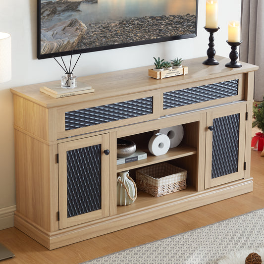 Embossed Pattern TV Stand, TV and Media Console with Open and Closed Storage Space and sliding door for Living Room & Bedroom, LIGHT OAK, 58.27"W*15.35"W*31.7H