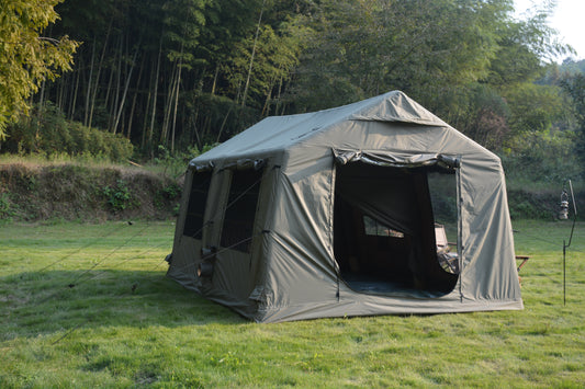 9.8 x13ft with canopy, Inflatable Camping Tents with Hand Pump, Air Glamping Tents, Easy Setup Waterproof and Windproof Blow up Tent Army green