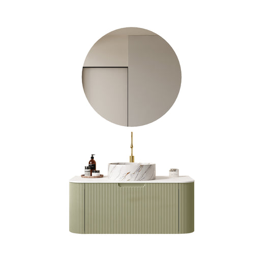 DINA 36" Bathroom Vanity with Sink, Wall-Mounted Floating Curved Edges Striped Bathroom Storage Cabinet with Drawer, White Round Ceramic Basin with Stone Pattern, Pre-assembled, Light Green Color