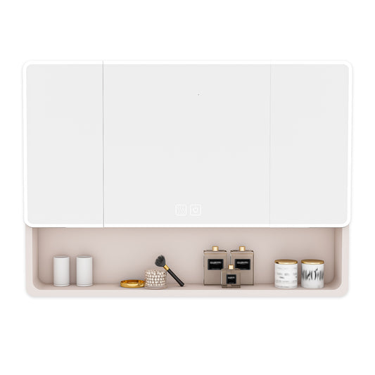Aluminium Medicine Cabinet Mirror, 35 x 28 Inches Medicine Cabinet with 3 Colors LED Light and Defogging Function, Bathroom Mirror Cabinet with Cosmetic Storage Rack and Hair Dryer Holder, khaki