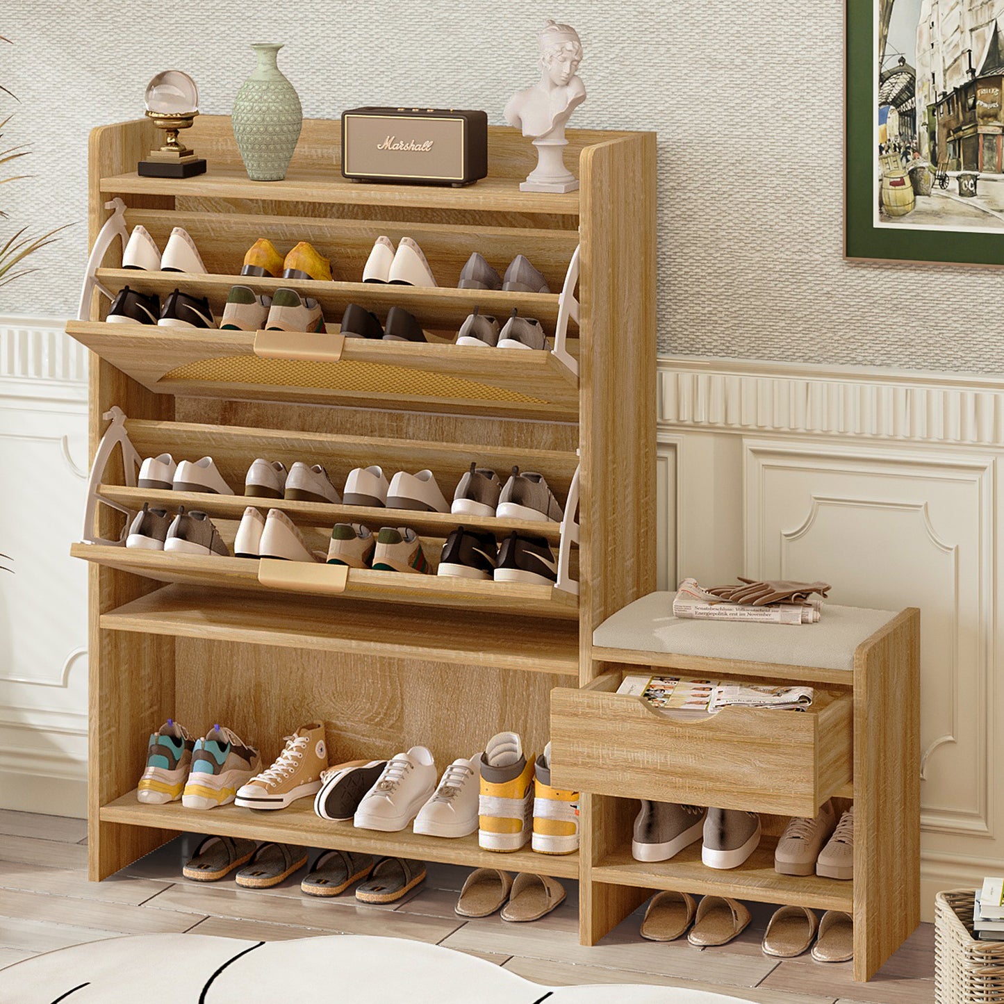 47.2" Shoe Storage Cabinet Rattan Shoe Storage Organizer With 2 Flip Drawers, a Storage Drawer and a Bench For Entryway, and Hallway, Light Brown