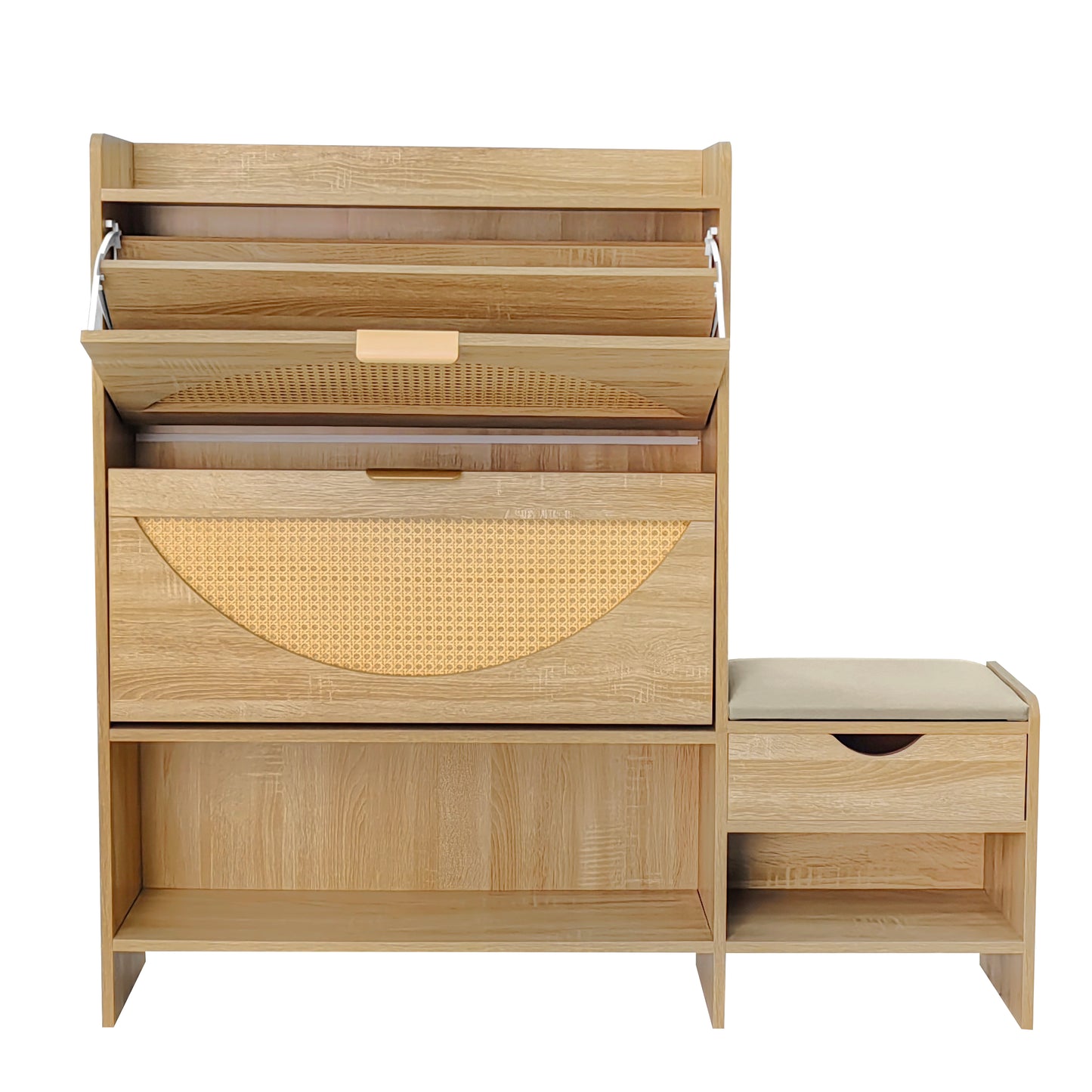 47.2" Shoe Storage Cabinet Rattan Shoe Storage Organizer With 2 Flip Drawers, a Storage Drawer and a Bench For Entryway, and Hallway, Light Brown
