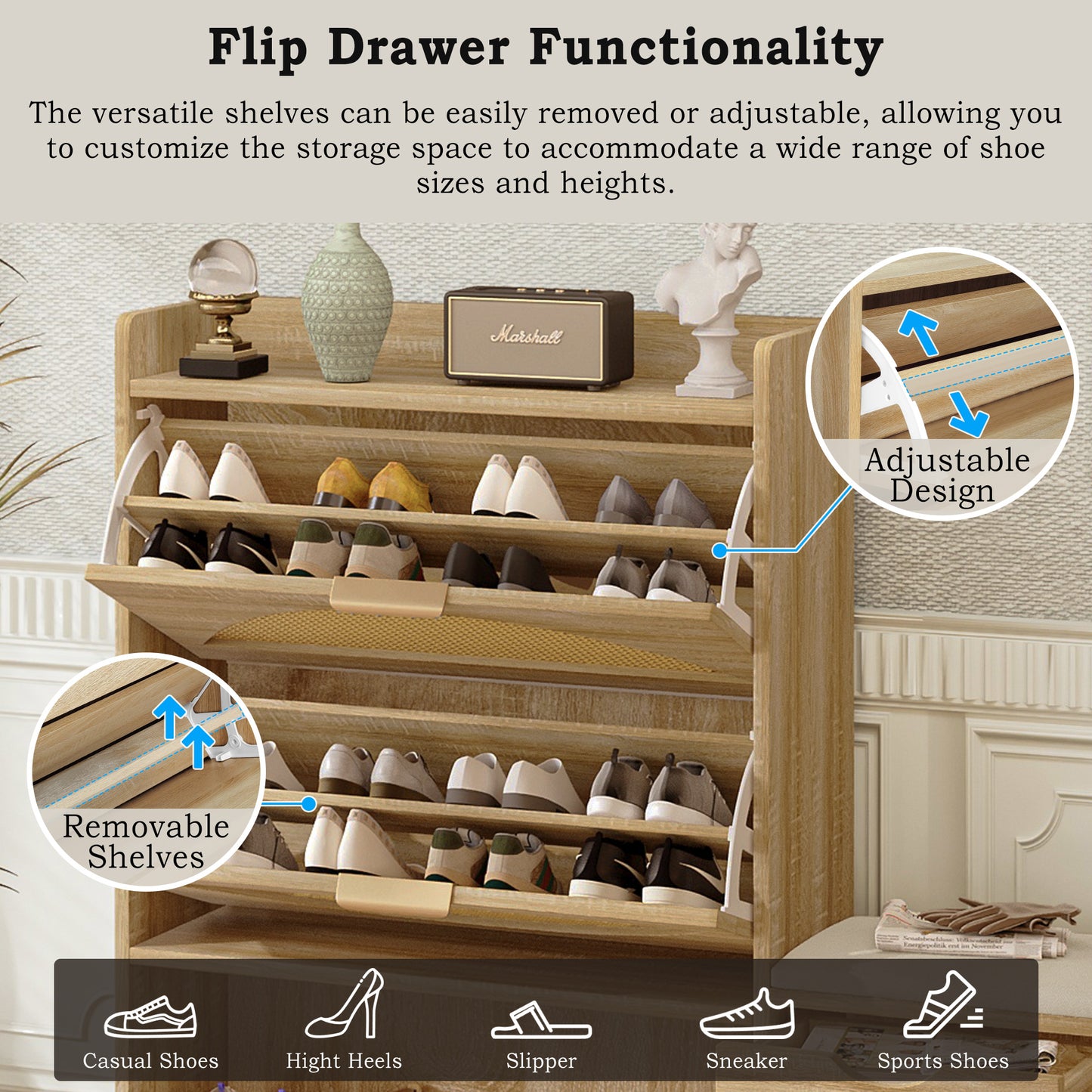 47.2" Shoe Storage Cabinet Rattan Shoe Storage Organizer With 2 Flip Drawers, a Storage Drawer and a Bench For Entryway, and Hallway, Light Brown