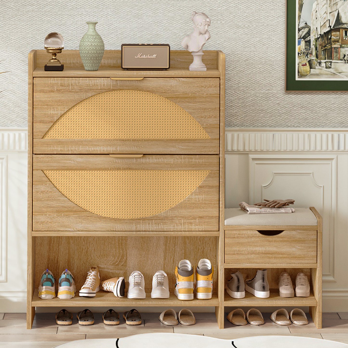 47.2" Shoe Storage Cabinet Rattan Shoe Storage Organizer With 2 Flip Drawers, a Storage Drawer and a Bench For Entryway, and Hallway, Light Brown