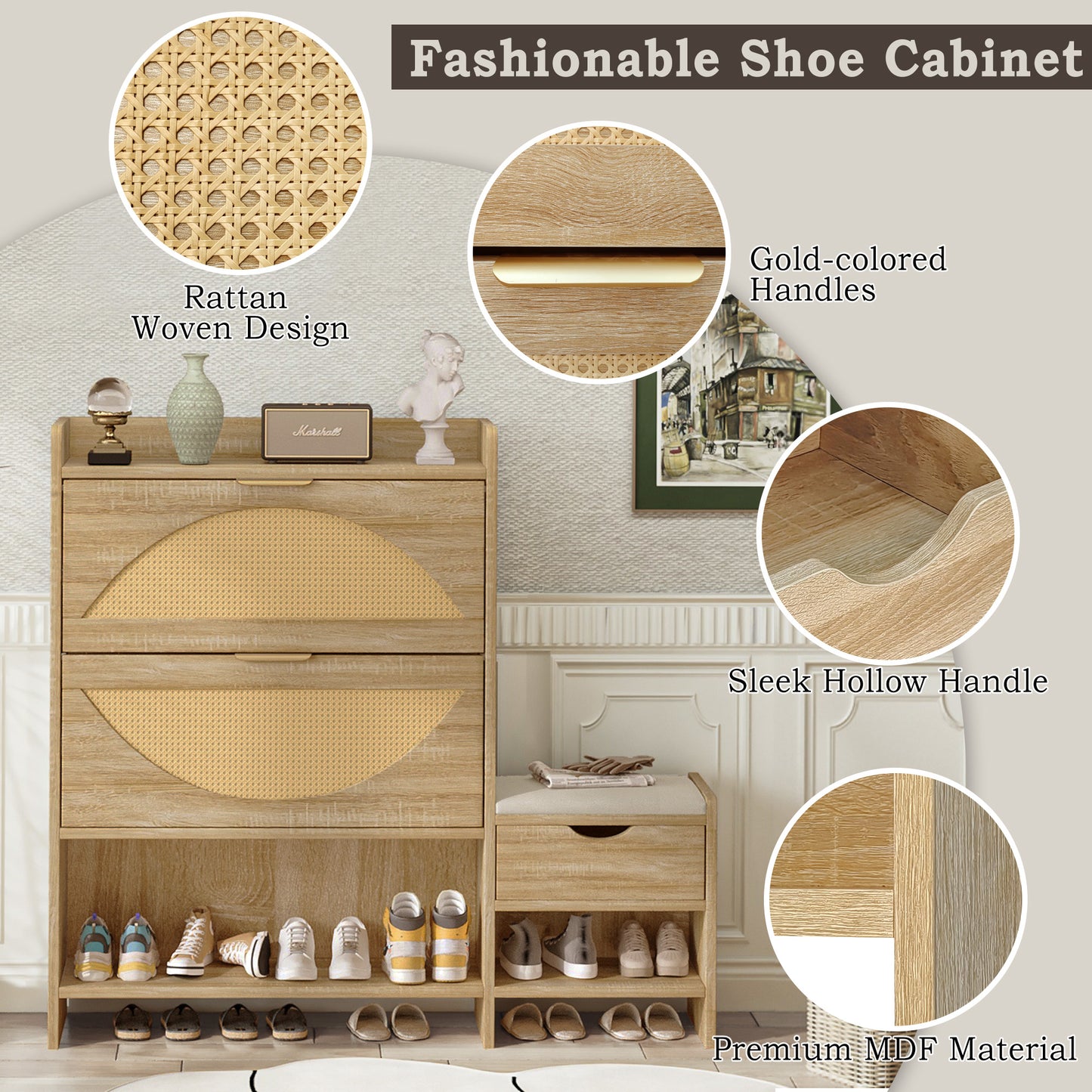 47.2" Shoe Storage Cabinet Rattan Shoe Storage Organizer With 2 Flip Drawers, a Storage Drawer and a Bench For Entryway, and Hallway, Light Brown