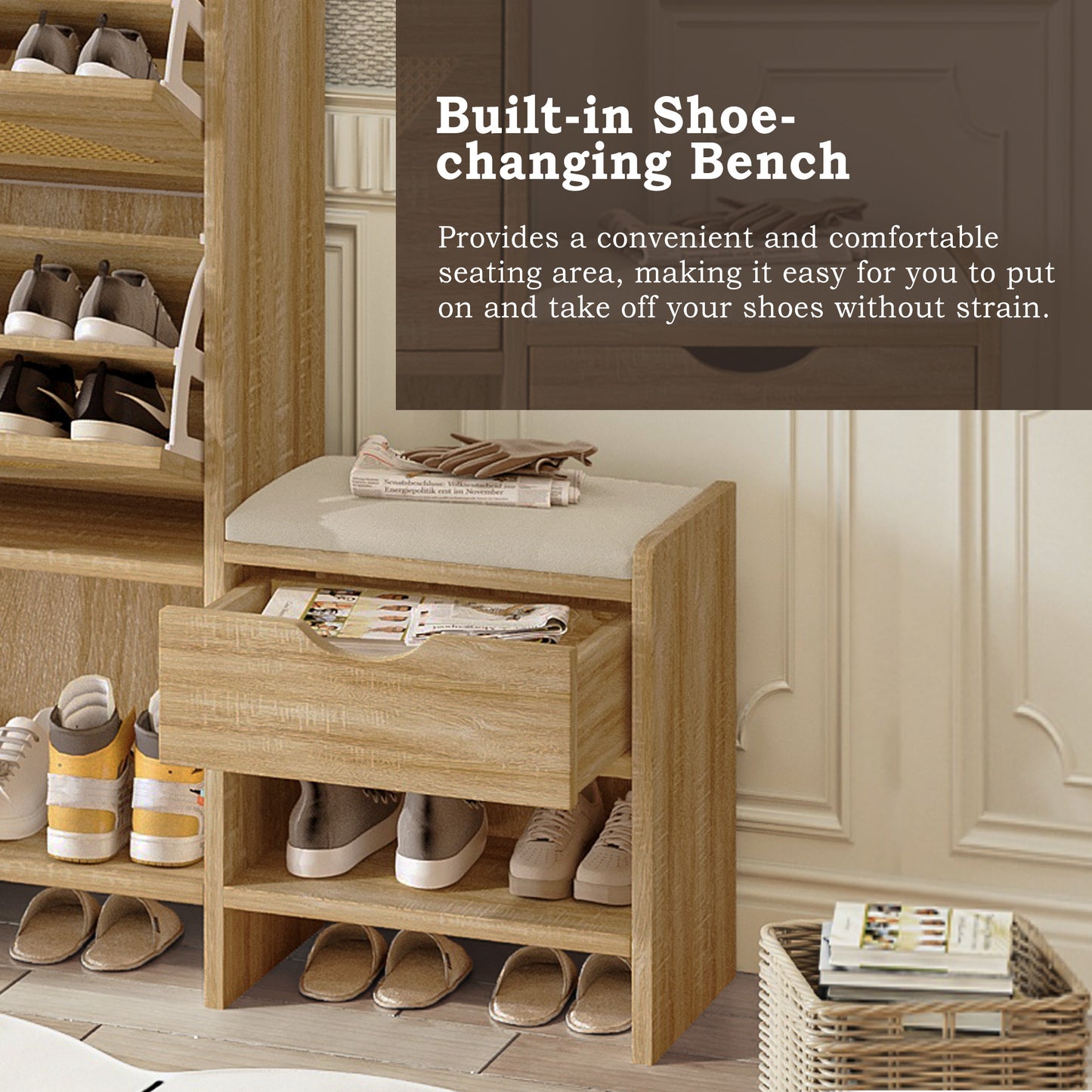 47.2" Shoe Storage Cabinet Rattan Shoe Storage Organizer With 2 Flip Drawers, a Storage Drawer and a Bench For Entryway, and Hallway, Light Brown