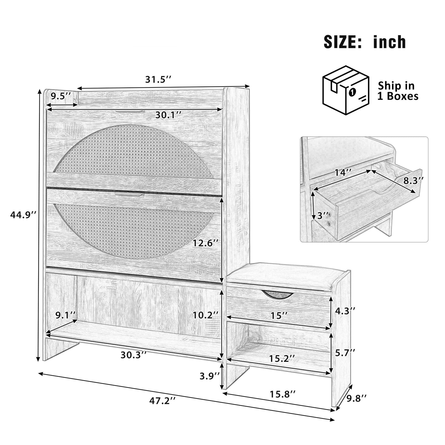47.2" Shoe Storage Cabinet Rattan Shoe Storage Organizer With 2 Flip Drawers, a Storage Drawer and a Bench For Entryway, and Hallway, Light Brown