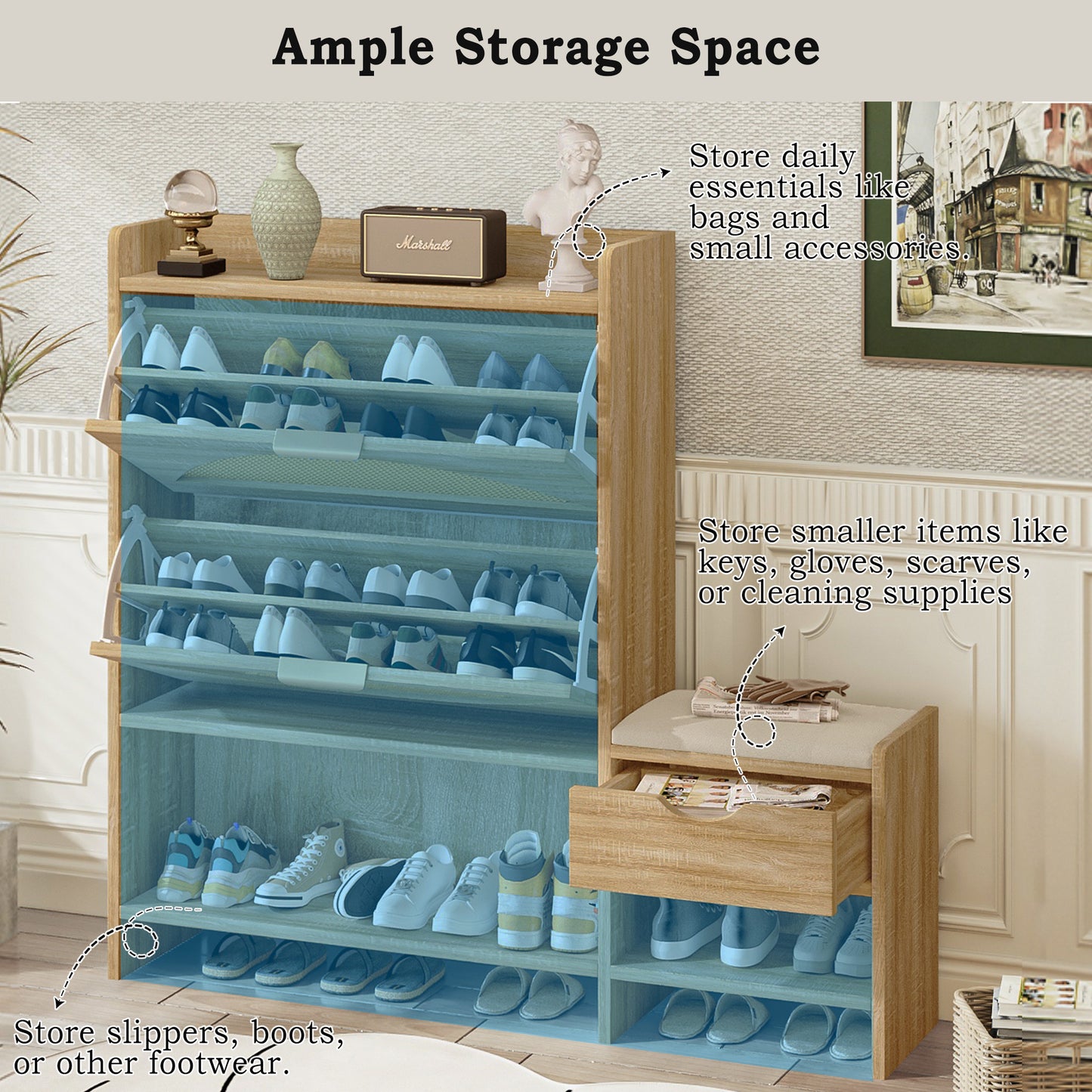 47.2" Shoe Storage Cabinet Rattan Shoe Storage Organizer With 2 Flip Drawers, a Storage Drawer and a Bench For Entryway, and Hallway, Light Brown