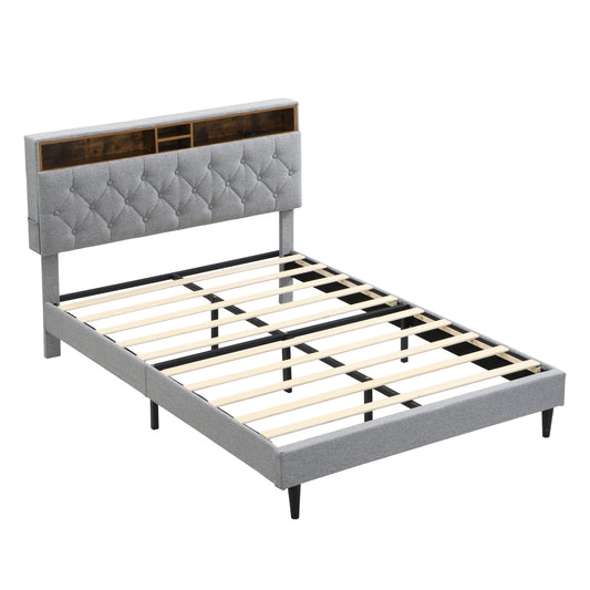 Queen-Size Upholstered Platform Bed Frame with a Modern Button-Tufted Linen Fabric Headboard,USB Ports,Convenient Charging Station,two side-mounted pockets,not require a box spring,Light Grey