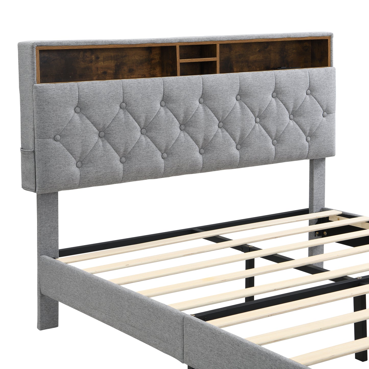 Queen-Size Upholstered Platform Bed Frame with a Modern Button-Tufted Linen Fabric Headboard,USB Ports,Convenient Charging Station,two side-mounted pockets,not require a box spring,Light Grey