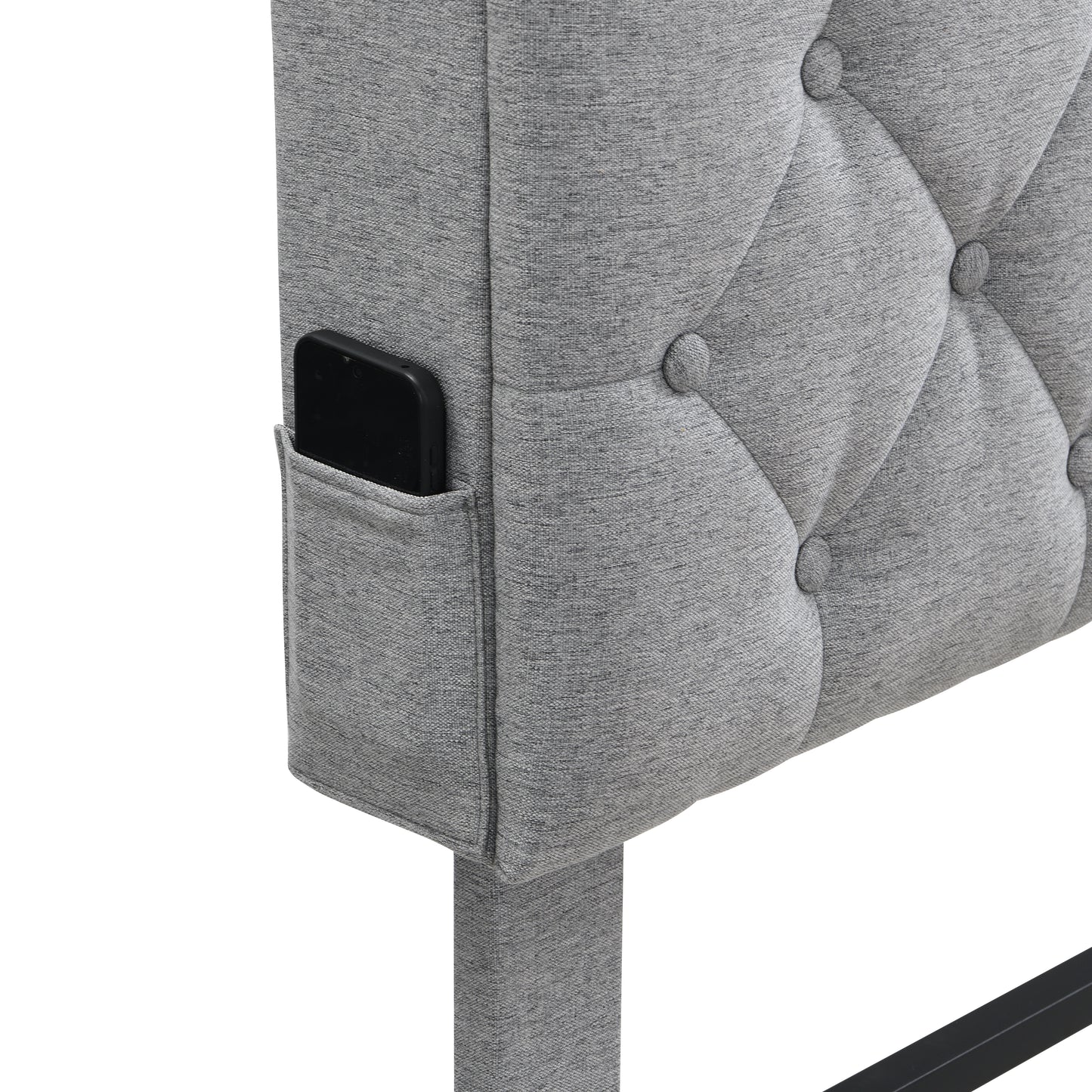 Queen-Size Upholstered Platform Bed Frame with a Modern Button-Tufted Linen Fabric Headboard,USB Ports,Convenient Charging Station,two side-mounted pockets,not require a box spring,Light Grey