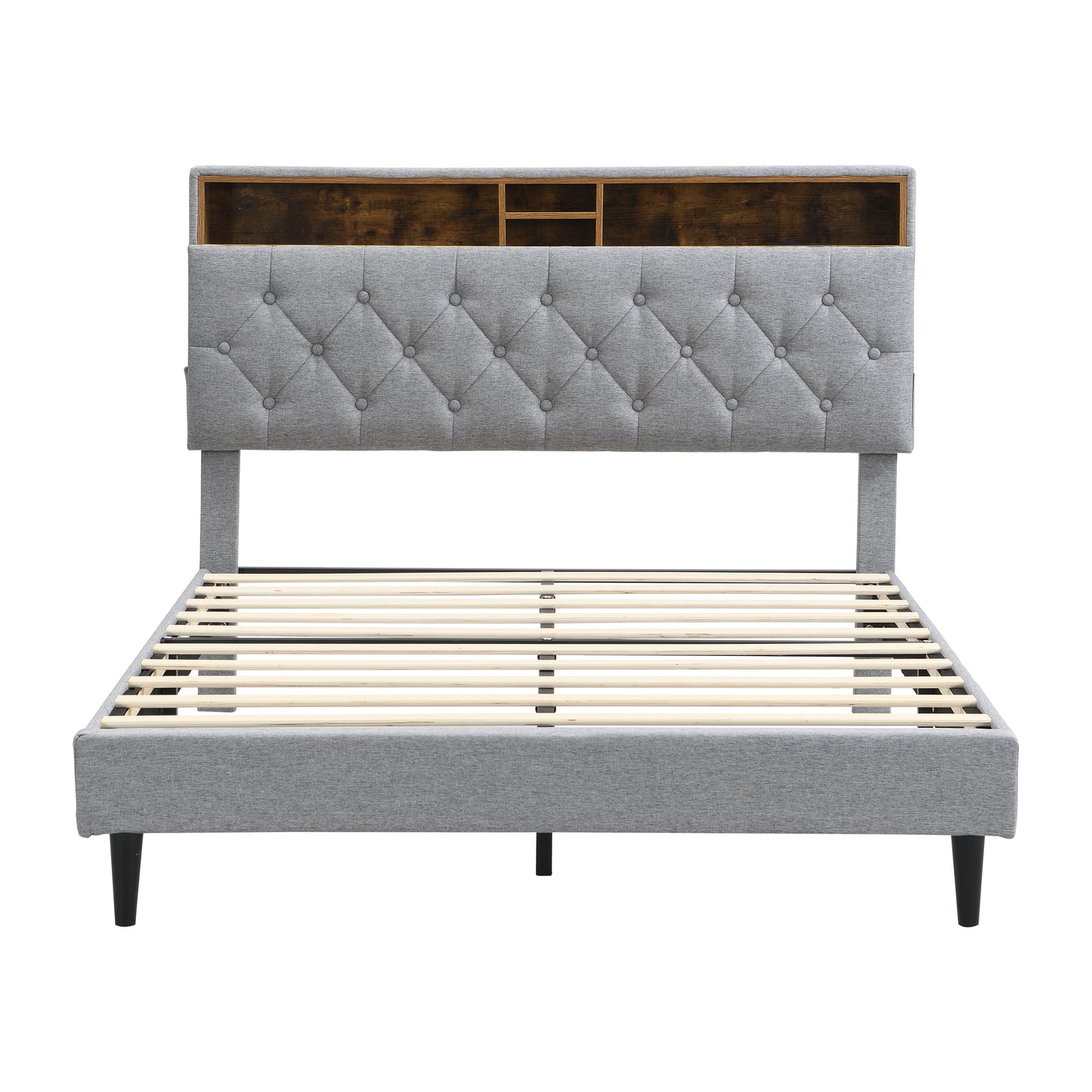 Queen-Size Upholstered Platform Bed Frame with a Modern Button-Tufted Linen Fabric Headboard,USB Ports,Convenient Charging Station,two side-mounted pockets,not require a box spring,Light Grey