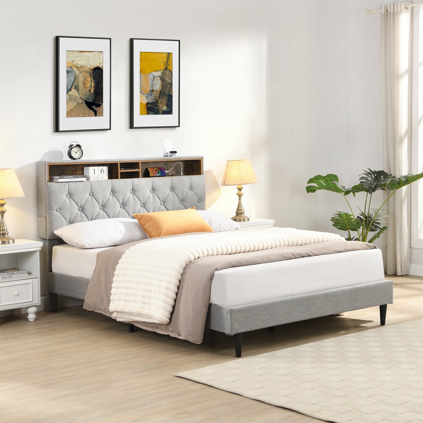 Queen-Size Upholstered Platform Bed Frame with a Modern Button-Tufted Linen Fabric Headboard,USB Ports,Convenient Charging Station,two side-mounted pockets,not require a box spring,Light Grey