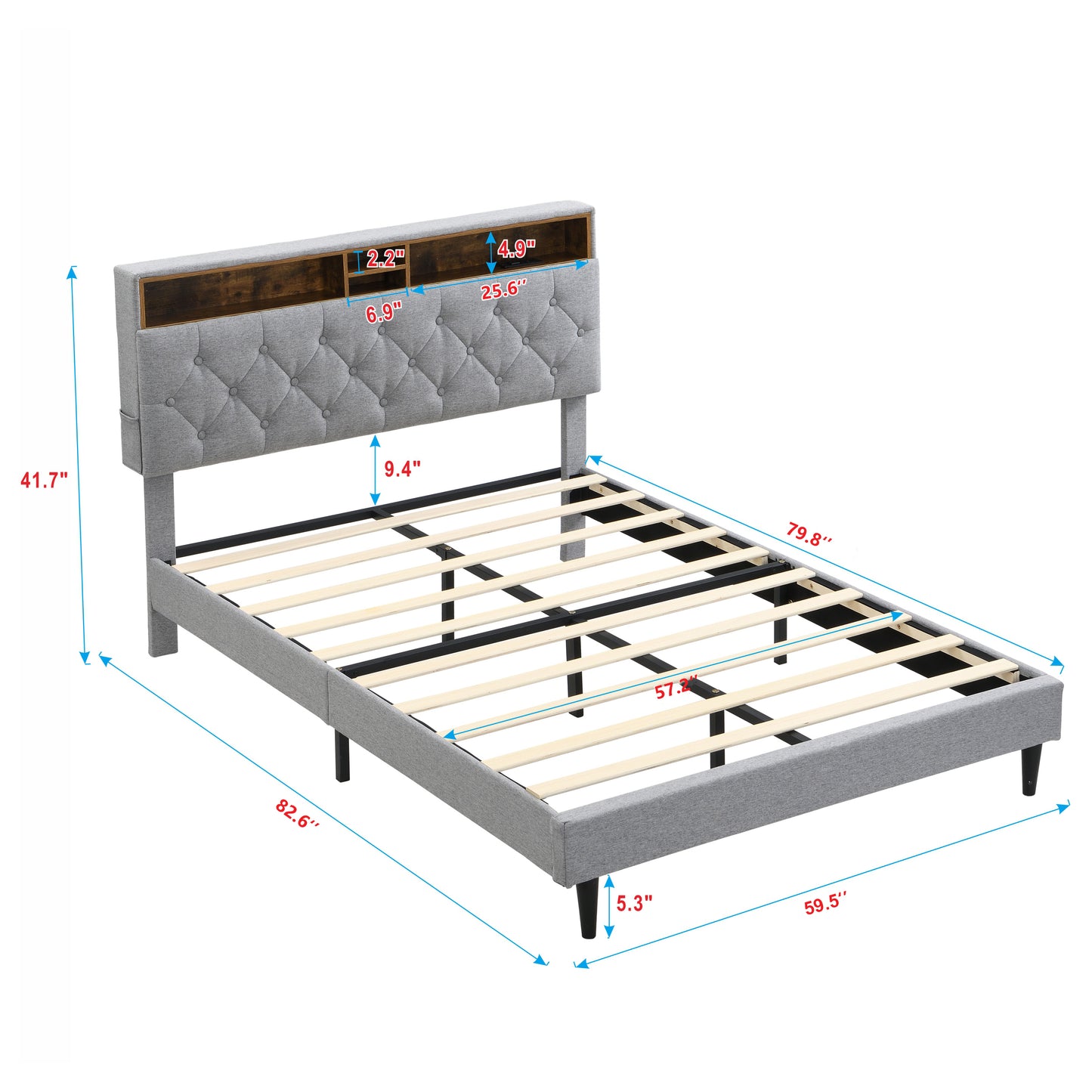 Queen-Size Upholstered Platform Bed Frame with a Modern Button-Tufted Linen Fabric Headboard,USB Ports,Convenient Charging Station,two side-mounted pockets,not require a box spring,Light Grey