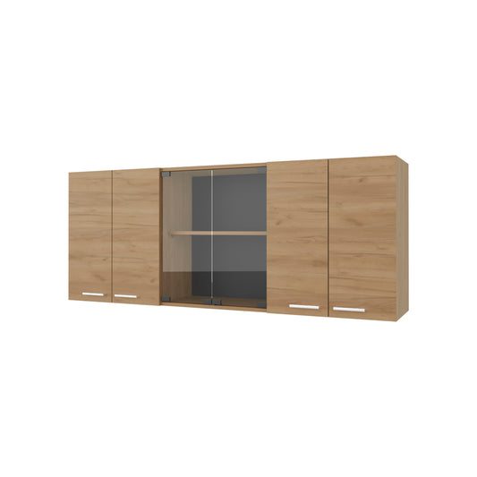 Lydia Wall Cabinet kitchen in Melamine wit 4 Doors  and Glass Storage, Natural Oak