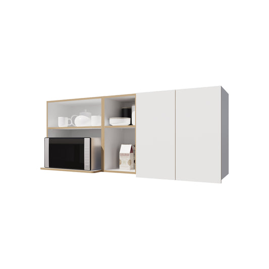 Wall-Mounted Kitchen Cabinet with Microwave Space, Open Shelves, and Double Doors – Natural Oak and White
