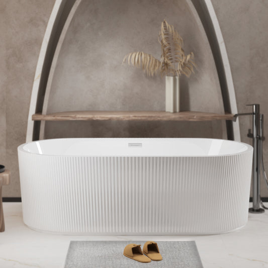 59"Linear AcrylicFreestanding Bathtub Stand Alone Soaker Tub, Glossy White Acrylic, POP-UP Chrome Drain, cUPC Certified