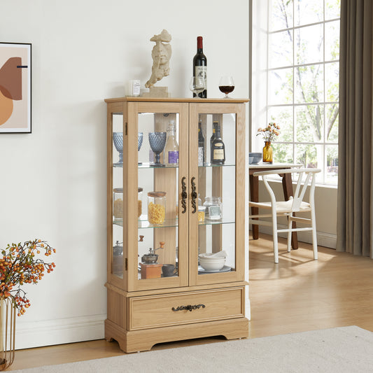 Lighted Glass Curio Display Cabinet with Adjustable Shelves - 2 Doors, 1 Drawer, LED Lights, Elegant Light Oak Finish