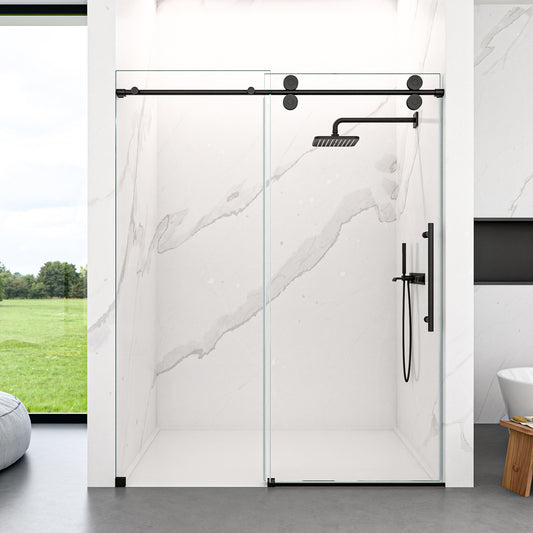 56"-60"W x 72"H Frameless Single Sliding Shower Door – 5/16" (8mm) Clear Tempered Glass, Bypass Design with Matte Black Finish