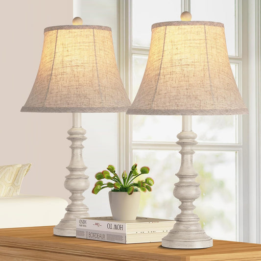 Traditional Table Lamp Set of 2, Rustic Farmhouse Bedside Lamps Nightstand Lamps with 3-Color Temperature LED Bulbs, Vintage Desk Lamps with Linen Shade for Living Room Bedroom, Rotary Switch