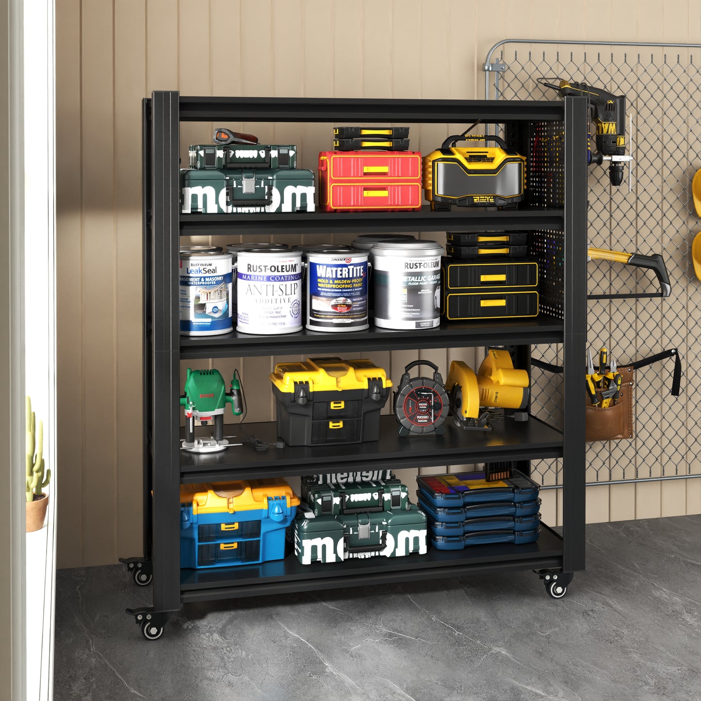 78"H 5 Tier Adjustable Shelving with Pegboard and Wheel, Heavy Duty Storage Shelves, Metal Shelving Unit Multipurpose Shelf for Warehouses, Garages, Offices, Bedrooms, Kitchens, 18"D*47.2"W*78"H