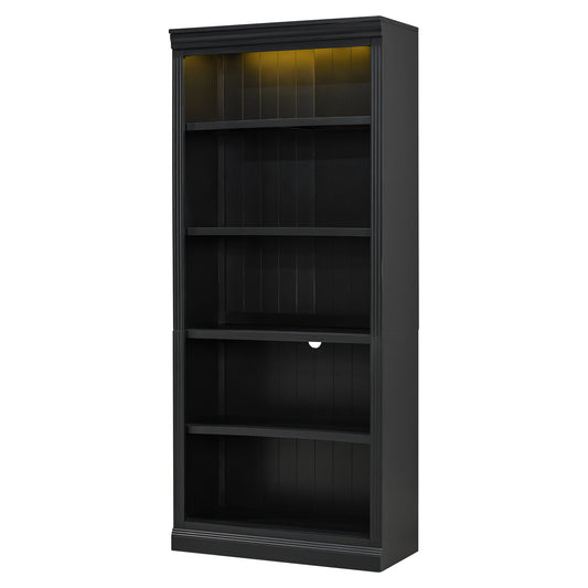 83.4" Tall Wood Bookcase with light strip,5-Tier Decor Bookshelves with Adjustable Shelves,Storage Organizer for CDs/Books/Movies,Free Standing Storage Shelves for Living Room,Home Office,Black
