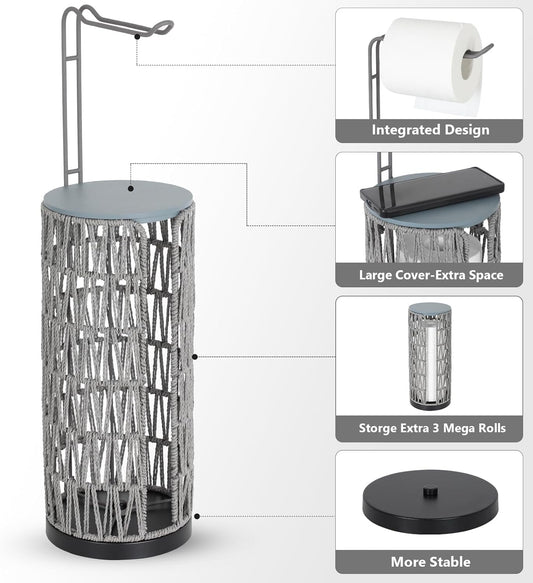 Boho Toilet Paper Holder with Storage?3 Rolls of Freestanding Toilet Paper Roll Holder Stand,Wicker Tissue Holder for Bathroom,Rattan Sturdy Bathroom Decor Farmhouse Toilet Paper Storage-Grey