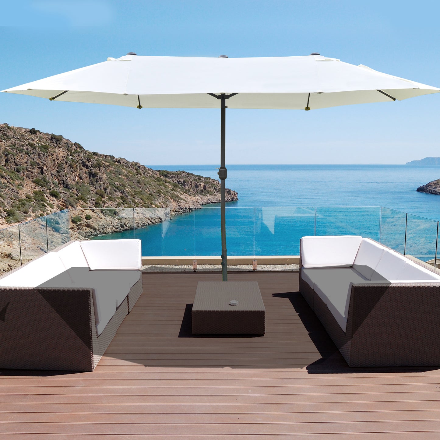 Outsunny Patio Umbrella 15' Steel Rectangular Outdoor Double Sided Market with base, Sun Protection & Easy Crank for Deck Pool Patio, Beige