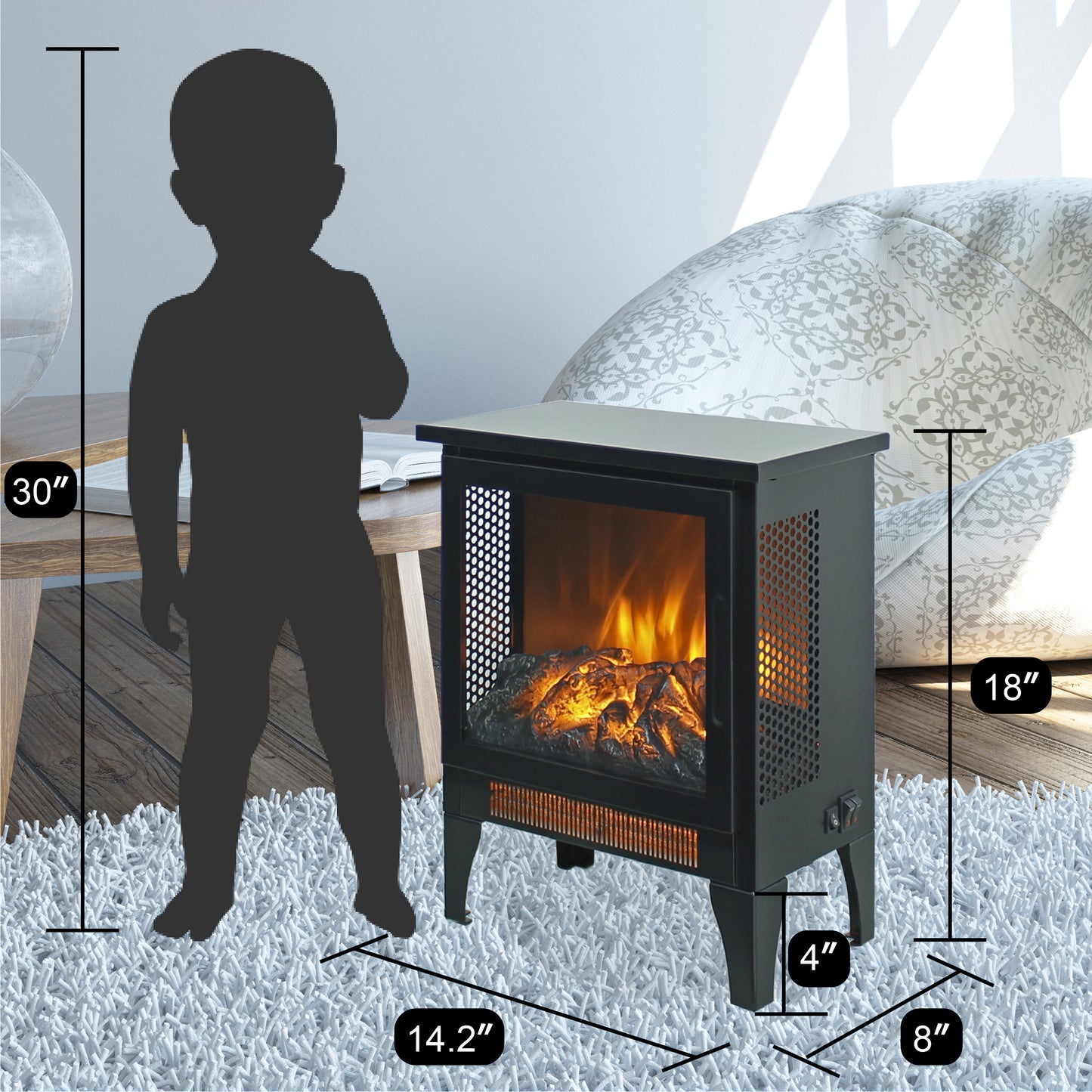 17 inch Freestanding Electric Fireplace Stove heater with 3D Flame effect