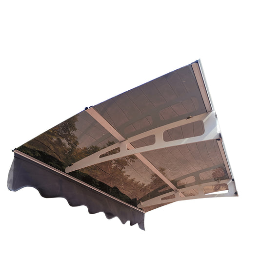 DA5934W Series Door Window Awning Canopy Made of 0.137 Inch Thick Crystal Solid Polycarbonate Sheet and Aluminum Alloy with Valance in size of 59" Wide x 34" Deep for Wooden Wall House